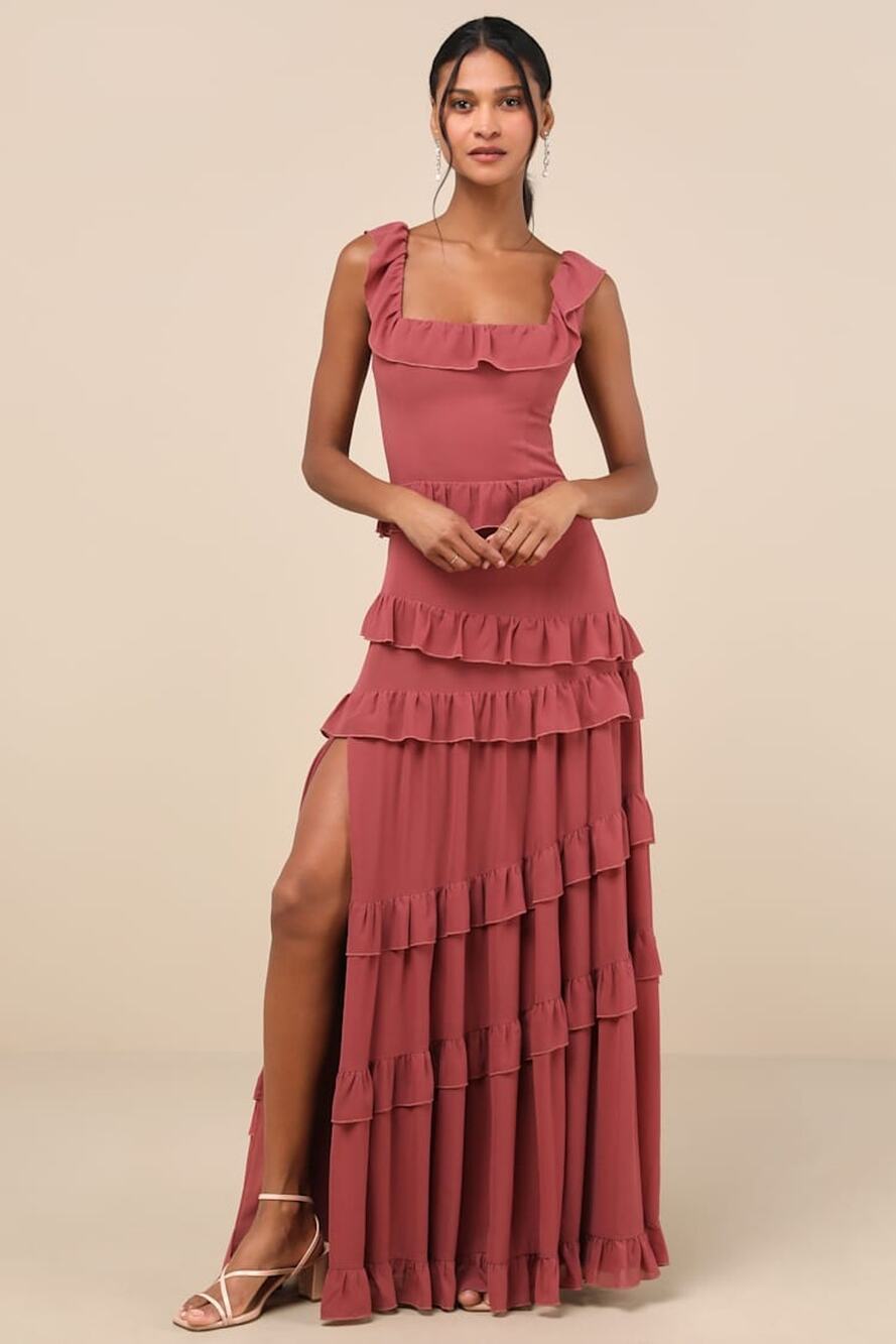 NWOT Lulus Compelling Romantic Rusty Rose Ruffled Tiered Maxi Dress Bridesmaid M